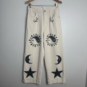 Meadows Rebutia Sun Moon Yin Yang Printed High Rise Pants Jeans Cream Black 6 US